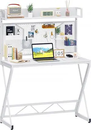 Elephance Small Gaming Desk with Pegboard, 39 Inch Computer Desk with Storage Shelves, Modern Office Desk for Study Work Home Office, Small Spaces, White