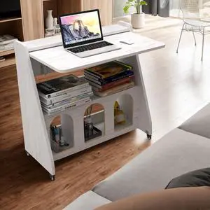 Pmnianhua Farmhouse Portable Desk on Wheels,Mobile Workstation,Rolling Computer Desk with Wheels and Storage for Home Office Small Space(White)