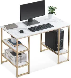 ivinta Computer Desk with Storage Shelves, 44.9 Inch Modern Office Desk with 3-Tier Storage Shelves and CPU Stand for Small Spaces, Living Room, Home Office, DP-114 (White and Gold)