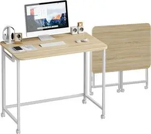 JSB Small Folding Computer Desk with Storage Bag and Hook Writing Modern Industrial Work Table Laptop for Home Office White (Natural & White, 31.5")