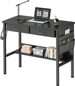 Small Desk with Drawers for Bedroom, Small Vanity Desk Without Mirror, 31.5inch, Writing Desk with Bookshelf, Computer Desk with Storage Drawers, Vanity Table no Mirror Black