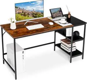 COSTWAY 55 Computer Desk, PC Laptop Desk with Storage Shelves, Large Computer Desk with Splice Board, Adjustable Foot Pads, Industrial Home Office Desk for Writing, Study, Game (Rustic Brown)