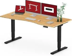 Standing Desk 3 Stages Dual Motor 60 inch Whole-Piece Real Bamboo Desktop Height Adjustable Desk for Home Office Stand Up (Black Frame/ 60" Curved Natural Bamboo Top)