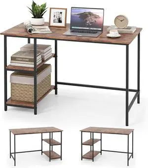 Tangkula Home Office Computer Desk with 2 Tier Reversible & Adjustable Shelves, Industrial Study Writing Desk Workstation, Laptop Table with Sturdy Metal Frame (Rustic Brown)