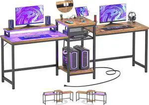 Unikito Double Computer Desk with LED Strip and Power Outlet, 2 Person Desk with Monitor Stand and Storage, Ergonomic Computer Desk with Printer Stand for Home Office, Long Gaming Desk, Rustic Brown
