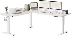 FEZIBO 75 Inches, Supports Over 300lbs, Large L Shaped Standing Desk, Electric Height Adjustable L Shaped Desk, Suitable for Home Office, White Frame/White Top