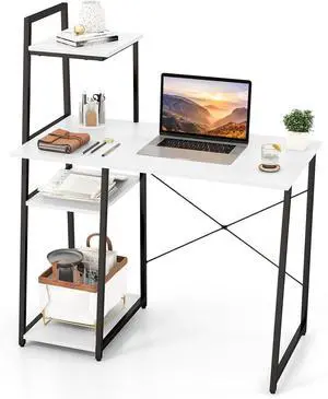 Tangkula Computer Desk with Shelves, Space Saving Home Office Desk with 3-Tier Ladder Shaped Storage Bookshelf, Modern Writing Study Desk with Metal Frame, Compact Computer Workstation (White)