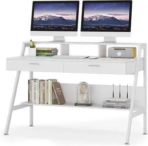 Tribesigns Computer Desk with Storage Shelf & Drawers, Modern 47 inch Office Writing Desk Study Table with Monitor Stand Riser for Home Office Use (White)