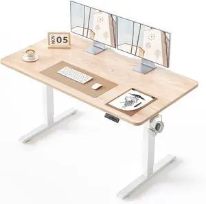 BANTI 55 × 24 Inches Standing Desk, Ergonomic, Electric Height Adjustable, Sit and Stand Up, Computer Office Desk with Splice Board, White Frame/Maple Top