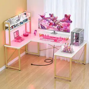 Cyclysio 75" U Shaped Desk, Reversible L Shaped Desk, L Shaped Gaming Desk with Hutch, L Shaped Desk with Storage and Monitor Stand, Large Gaming Desk with Power Outlet and LED Lights, White