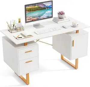 Tangkula White Desk with Storage Drawers & Cabinet, Home Office Computer Workstation with Floating Desktop, Modern Study Writing Table, Vanity Table with Golden Metal Frame, Desk for Bedroom (White)