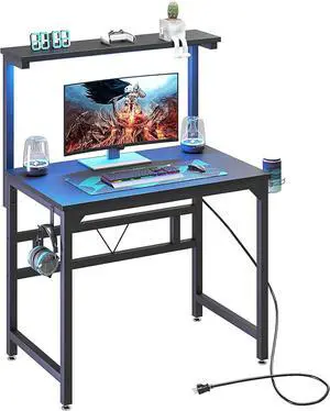 TREETALK Gaming Desk with Power Outlets & LED Strip Lights,80CM Industrial Writing Desk with Adjustable Monitor Stand, Cupholder and Headphone Hook for Home Office Black