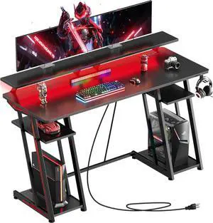 53-inch Gaming Desk with LED Lights & Power Outlets|Carbon Fiber Gaming Table with Monitor Stand & Adjustable Storage Shelves|RGB Ergonomic Gamer Desk for PC Setup, Esports & Streaming, Black