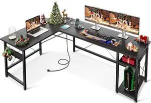 Coleshome L Shaped Computer Desk 66" with Power Outlet & Storage Shelves, Corner Sturdy Writing Desk Workstation, Modern Wooden Office Gaming Desk, Wood & Metal, Black