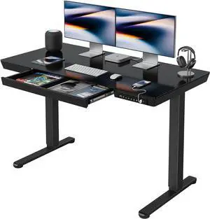 FEZIBO 48 × 24 Electric Standing Desk with Drawers, Whole-Piece Glass Adjustable Height Desk, One-Piece Quick Install Adjustable Sit Stand Desk, Black