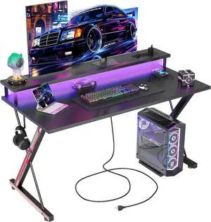 TIQLAB Gaming Desk with Power Outlets & LED 40 Inch Ergonomic Computer Carbon Fiber Surface Gamer Desk, Large Monitor Stand, Headphone Hook, PC Workstation for Bedroom, Black