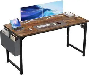 63 inch Computer Desk with Storage, Brown PC Gaming Desk Teacher Work Wrting Table Rectangular, Ergonomic Sturdy Tables with Metal Frame Wooden Desktop Side Hook for Bedroom Home Office
