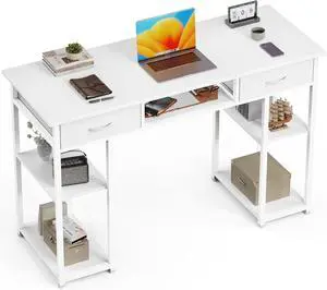 Sweetcrispy Computer Desk 48 Inch Home Office Bedroom Writing Study PC Table with Fabric Drawers Storage Shelves Space Side Bag Headphone Hook Metal Frame Adjustable Feet Modern Simple Style