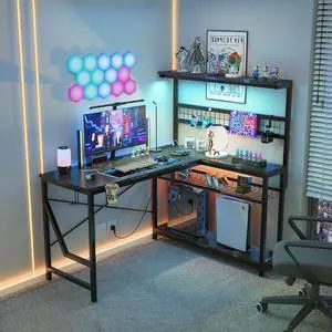 51" L-Shaped Gaming Desk,Computer Desk with Power Outlets, LED Lights, Reversible Corner Desk with 4-Tier Shelves,Cup Holder & Hook Black Marble for Home Office