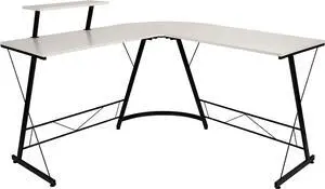 Flash Furniture Ginny Corner Desk - White/Black Space Saving L-Shaped Gaming Desk with Monitor Shelf - 71.5" 2-Tier Computer Desk, Home Office Desk, Easy Assembly