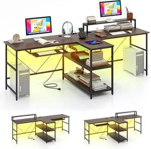 Tangkula 2-Person Reversible Computer Desk with LED Lights, 94.5 Long Office Desk with Power Outlets, Monitor Stand, Keyboard Tray & 2 Storage Shelves, Double Desk for Gaming Working Writing (Walnut)