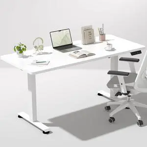 Veken 55 Inch, Height Adjustable Sit Stand Up, Wood Desktop, Work Home Office Computer PC Table, Tall Standup Workstation, Gaming Writing Study Bedroom Rising Desks, White