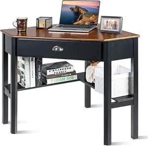 LDAILY Small Corner Desk, Triangle Makeup Vanity Desk for Small Space, Compact Writing Desk with Storage Shelves & Drawer, Space Saving Corner Computer Desk for Bedroom, Home Office