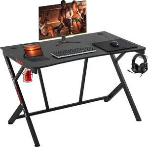 Gaming Desk 45" W x 29" D Home Office Computer Desk Racing Style Study DeskExtra Large Modern Ergonomic PC Carbon Fiber Writing Desk Table with Cup Holder Headphone Hook