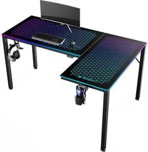 EUREKA ERGONOMIC RGB LED Lights 60 Inch L Shaped Reversible Black Glass Gaming Desk Home Office Computer Table GTG L60