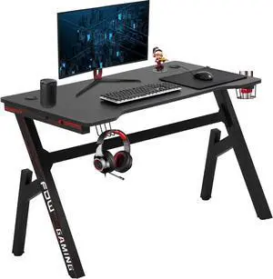Gaming Computer Desk Home Office Desk Extra Large Modern Ergonomic Black PC Carbon Fiber Writing Desk Table with Cup Holder Headphone Hook