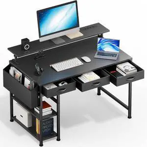 Black Gaming Desk with LED Lights and Power Outlets, 47 Inch Computer Desk with 3 Drawers and Adjustable Monitor Stand, Home Office Desks with Charging Station USB Port, Study Writing Table