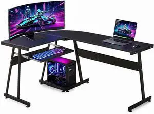 ivinta L-Shaped Desk with Keyboard Tray and CPU Stand, 58" Modern Reversible Corner Computer Desk for Small Spaces Living Room Bedroom Home Office, 7112 (Black)