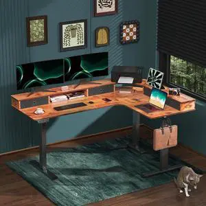 L-Shaped Electric Height Adjustable Desk, 67-inch Reinforced Motor Office Desk with Drawers & Monitor Stand, Ergonomic Design for Healthy Posture, Home Study Gaming, Max load 330 lbs, Retro Brown