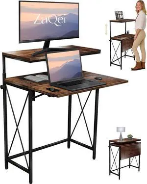 Small Standing Desk, Height Adjustable Small Writing, Mini Desk, Home Office Desks, Work for Home Office, Folding Laptop Study Compact (Brown)