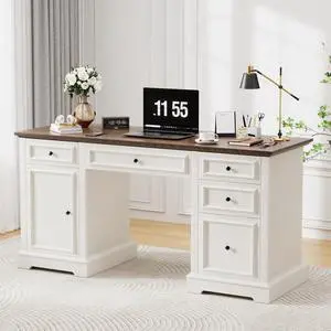 Vipbear 60" Farmhouse Executive Desk with Drawers and Cabinet, Embossed Texture Wood Home Office Desk, Rustic Computer Writing Desk, Workspace for Work Study Writing