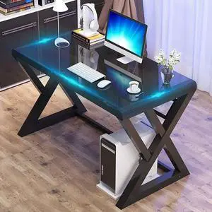 BINGTOO Computer Desk Glass Top Metal Frame, 55.1" Home Office Desks & Workstation Modern Office Writing Gaming Study Work Glass Computer Table Desk