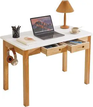 Small Computer Desk Table, Wood Writing Desk with Drawers and Hooks, 39x22x30inch Work Study Table, Wooden Dining Table White + Natural Wood Legs YD-WD02WN