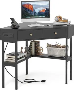Tangkula Corner Desk with 2 Drawers & Built-in Charging Station, 90 Degrees Triangle Corner Computer Desk for Small Space, Bedroom Makeup Vanity Desk with Storage Shelves, Corner Desk (Black)