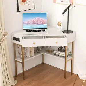 Corner Desk with Power Outlet, 90 Degrees Triangle Desk w/Storage Shelves and Drawers, Corner Makeup Vanity Table, Corner Desks for Small Spaces, Small Corner Desk for Bedroom, Study (White)