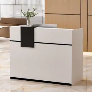 Homsee Modern Reception Desk Counter with Hutch, Adjustable Storage Cube, Lockable Drawer & 1 Door Cabinet, Office Wooden Computer Desk Reception Table, White and Black