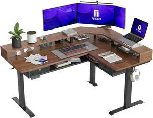 FEZIBO L Shaped Standing Desk with LED Strip & 2 Drawers, Triple Motors Supports Over 300lbs, Upper and Lower Storage Shelves Available, Electric Height Adjustable, for Home Office, Black Walnut