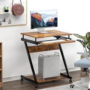 sogesfurniture Retro Computer Desk, Small Mobile Workstation with Keyboard Tray, Printer Shelf & Storage, 23.6x18.9x28.7 inches, Engineered Wood, for Home and Office