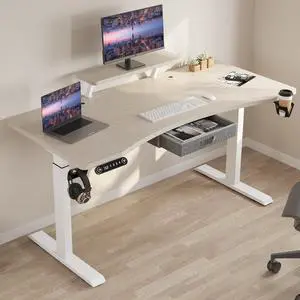 Dual Motor Standing Desk with Drawer, 63x30 Inches Electric Height Adjustable Sit Stand Up Desk with Storage Shelf, Home Office Desk Computer Workstation with White Pearwood Top/White Frame