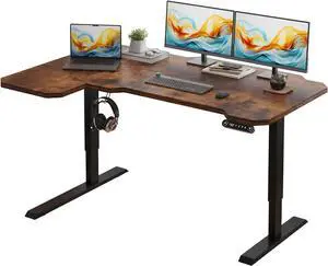Electric L Shape 59 Inches Standing Desk, Height Adjustable Sit Stand Up Computer Table, Large Modern Smart Ergonomic Home Office Workstation with Splice Board Rustic Brown Top + Black Frame