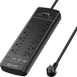 Surge Protector Power Strip - 12 Outlets,3 USB+USB-C 3.4A Ports, 6Ft Extension Cord, 1875W/15A, 4360Joules, Overload Protection - Ideal for Home & Office Use (Black-USBC)