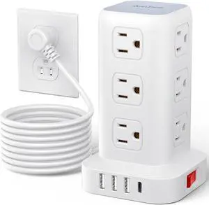 Surge Protector Power Strip 10 FT Cord, Power Strip Tower with 4 USB Ports (1USB C), Extension Cord with 12 AC Multiple Outlets, Home Office Supplies Desk Accessories, Dorm Room Essentials