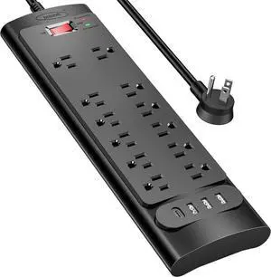 Surge Protector Power Strip, Bototek 5.5Ft Extension Cord with 12AC Outlets with 3 USB-A Ports and 20W USB-C for iPhone, Android Cell Phone, iPad, Tablet, 1625W/2980J for Home, Office, Dorm Room