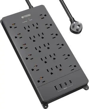 TROND Surge Protector Power Strip, 5ft Flat Plug Extension Cord with Multiple Outlets, 22 Widely Spaced AC with USB Ports, 4000 Joules, Heavy Duty, Wall Mount, Under Desk, ETL Listed, Black