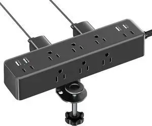 Flat Plug Desk Clamp Power Strip 5FT, 24W Total Charging Station, Desk Edge Mount Power Strip 9 AC Outlets 8 USB Ports Surge Protector, Fit 1.7" Tabletop Edge, Home Office Accessories
