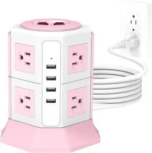 Pink Tower Power Strip with Surge Protection | HITRENDS 8 AC Outlets + 4 USB Ports | 14AWG/ 6.5 Ft Extension Cord with Multiple Outlets | Space-Saving Design for Office & Home(1250W, 1050J)